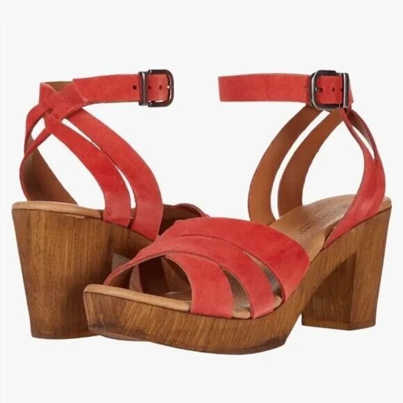 NEW | Eric Michael Luna Heeled Sandal Coral Red Leather Block Heel EU38/US 7.5-8 - Picture 1 of 4